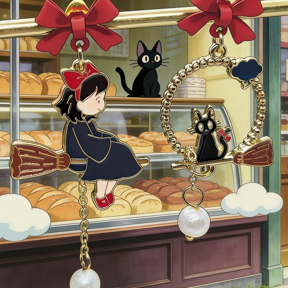 S925 Kiki's Delivery Service Drop Earrings with Pearls Anime Inspired - Picture 2 of 9